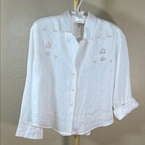 Madewell White Button Down Linen Shirt with Floral Embroidery